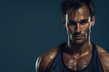 Wall Mural - a strong, fit man with a sharp gaze, solid color background blending physical fitness with mental cl