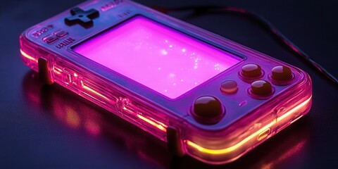 Vintage handheld gaming console, vibrant screen radiating retro charm, evoking nostalgia of the 70s gaming era