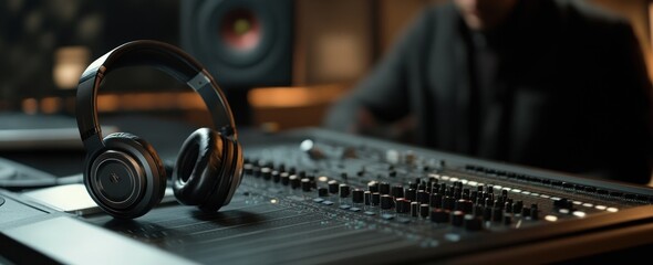 Fototapete - Headphones on mixer board in studio.