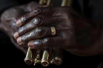 Aufkleber - musician's hands hold a brass trumpet, dark background, ring on finger.
