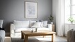 © kitipol - A realistic photo of a bright, stylish living room showcasing a wooden square coffee table near a white sofa. The grey wall with an art poster adds modern elegance to the space. Shot in 32k