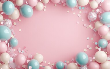 Poster - Pastel balloons and confetti frame a pink background.
