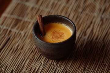 Aufkleber - Spiced drink in dark cup with cinnamon stick on textured mat.
