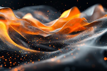 Poster - Dynamic abstract art with flowing orange and silver wavy lines over a black background