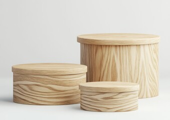 Poster - Three wooden cylinder podiums on a white background.