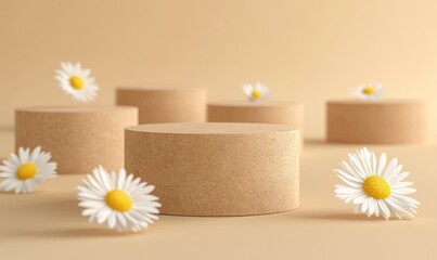 Poster - Daisy flower decorations and cylinders on beige.