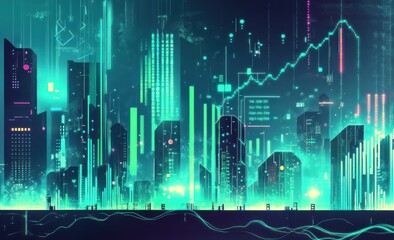 Aufkleber - Futuristic cityscape with glowing data graphs and flowing lines.