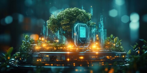 Wall Mural - Futuristic AI-Powered Energy Management Hologram, showcasing advanced global energy solutions with vibrant illumination and intricate design elements