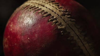 Poster - Close-up of a used and weathered red baseball with stitches.