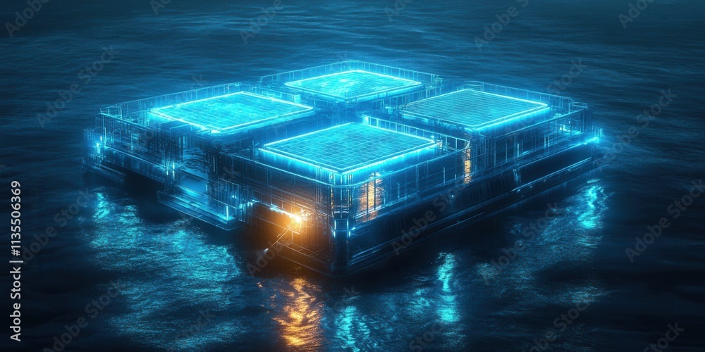 Glowing blueprint of an innovative self-sustaining floating energy grid ...