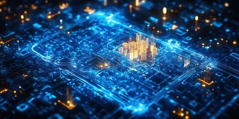 Wall Mural - Illuminated blueprint of a self-repairing urban infrastructure system showcasing innovative design and advanced technology integration