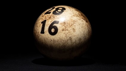 Poster - Stained bingo ball with numbers 28 and 16 on dark surface.