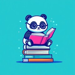 Aufkleber - Panda with glasses reading on books stack.