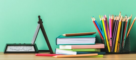 Poster - Study table with pencils, books, and metronome.