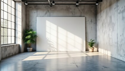 Poster - Industrial style gallery space blank canvas in bright sunlit interior. Large windows cast shadows on concrete floor, walls. Modern design with plants add natural elements to airy room. Empty space