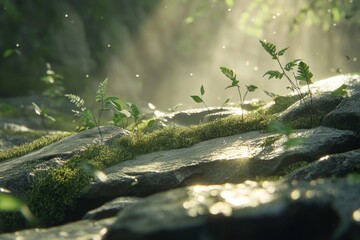 Poster - Sunlight streams through foliage onto mossy rocks in lush forest.