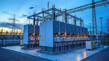 Poster - Industrial power facility at dusk with electrical equipment and transmission lines.