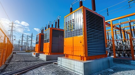 Poster - Industrial power transformers in a substation with high-voltage equipment.