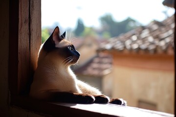 Wall Mural - Siamese cat gazes from window sill at blurred rooftop view.