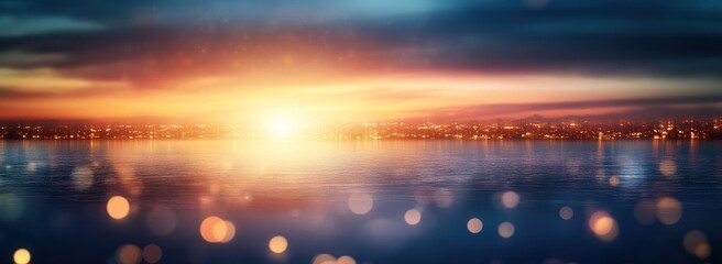 Aufkleber - Night city view from sea with light bokeh.