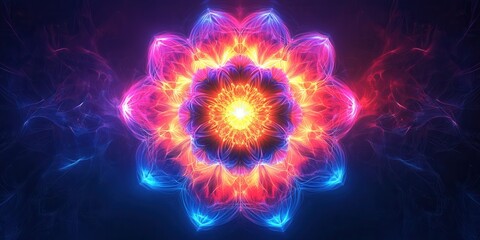 Wall Mural - Glowing Neon Mandala, a vibrant holographic design featuring dynamic swirling patterns, captivating and immersive visual experience