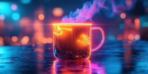 Poster - Glowing Neon Mug with Radiant Steam Shapes, a vibrant holographic icon showcasing a whimsical design, perfect for modern digital themes.