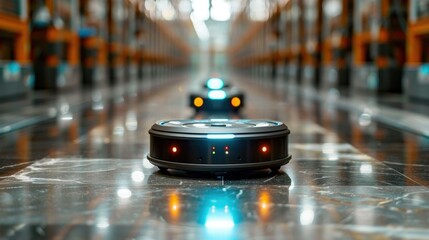 Poster - Robots navigating a warehouse aisle, designed for efficient logistics and inventory management.