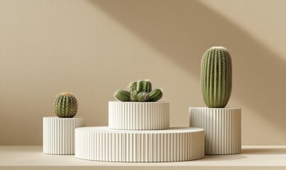 Poster - Three cacti on light ribbed podiums against a beige wall with light.
