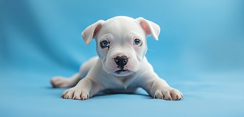 Poster - Adorable white puppy on blue backdrop, lying down, looking at camera.