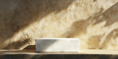 Poster - Minimalist platform against textured wall, dappled light.