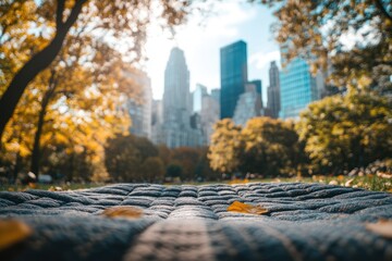 Poster - City skyline through fall leaves and cobble path.