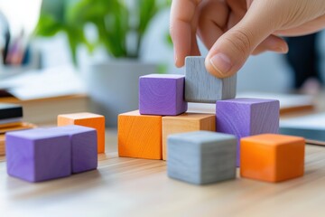 Poster - Hand placing gray block onto colorful toy blocks on wood desk.