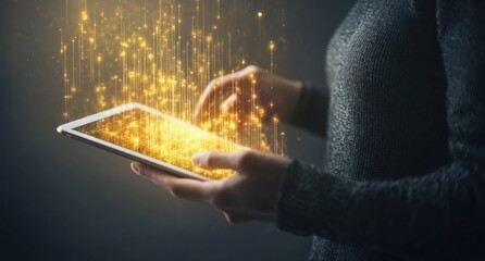 Poster - Person using a glowing tablet with digital light effect.