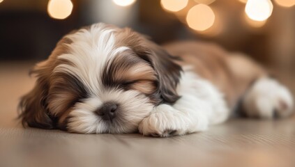 Wall Mural - Sleeping puppy on floor with bokeh background.