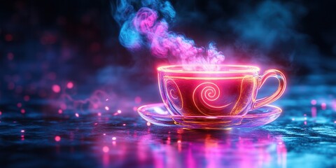 Poster - Neon Teacup Icon, a vibrant holographic design featuring a luminous teacup with swirling steam, radiating energy and warmth.