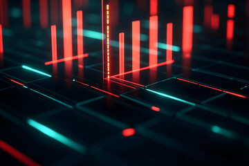 Aufkleber - A digital landscape featuring glowing red and blue lines and bars, representing data visualization or abstract technology themes.