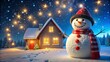 © kanda - Charming Winter Scene Featuring a Snowman, Cozy House, Twinkling Stars, and a Magical Snowy Landscape in a Peaceful Night Sky