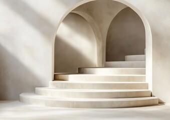 Poster - Light streams through arched doorways on stairs, minimal neutral interior.