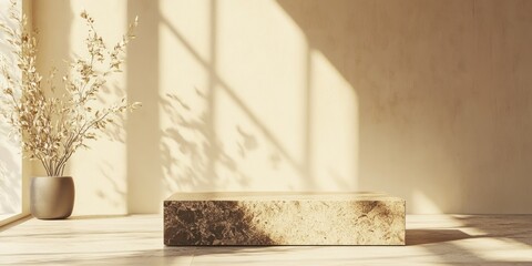 Poster - Beige room with stone platform, dried plants, sunlight, shadow patterns.
