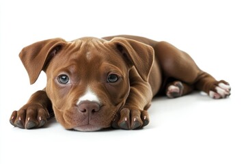 Aufkleber - Brown pit bull puppy laying down isolated on white background.