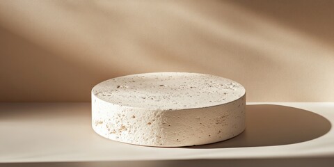 Poster - Round textured podium on beige with window light shadows.