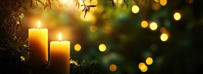 Aufkleber - Two lit candles glow with bokeh lights in the background.