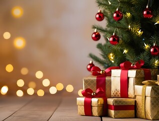 Christmas tree and holidays present on fireplace background