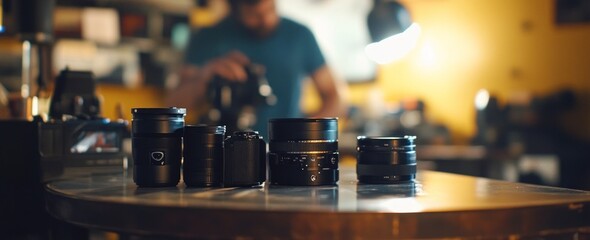 Aufkleber - Camera lenses on table, man working blurred background.
