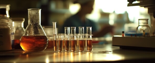Poster - Scientific glassware with liquid, laboratory scene, blurred researcher in the background.