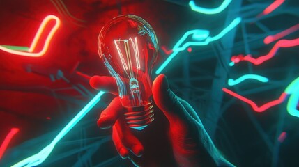 Aufkleber - Hand holding lightbulb, bright vibrant lines, abstract futuristic background.