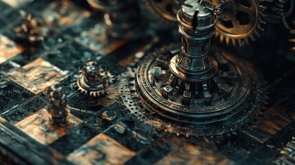 Aufkleber - Intricate gears, chess pieces on a dark checkered board.