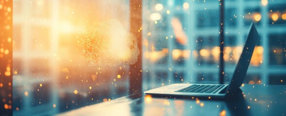 Aufkleber - Laptop cloud data with sparkling city background.
