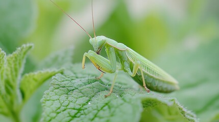 Poster - Praying mantis rests on green leaf.