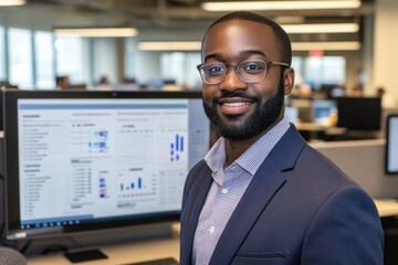 Poster - Smiling man in suit with data on monitor.